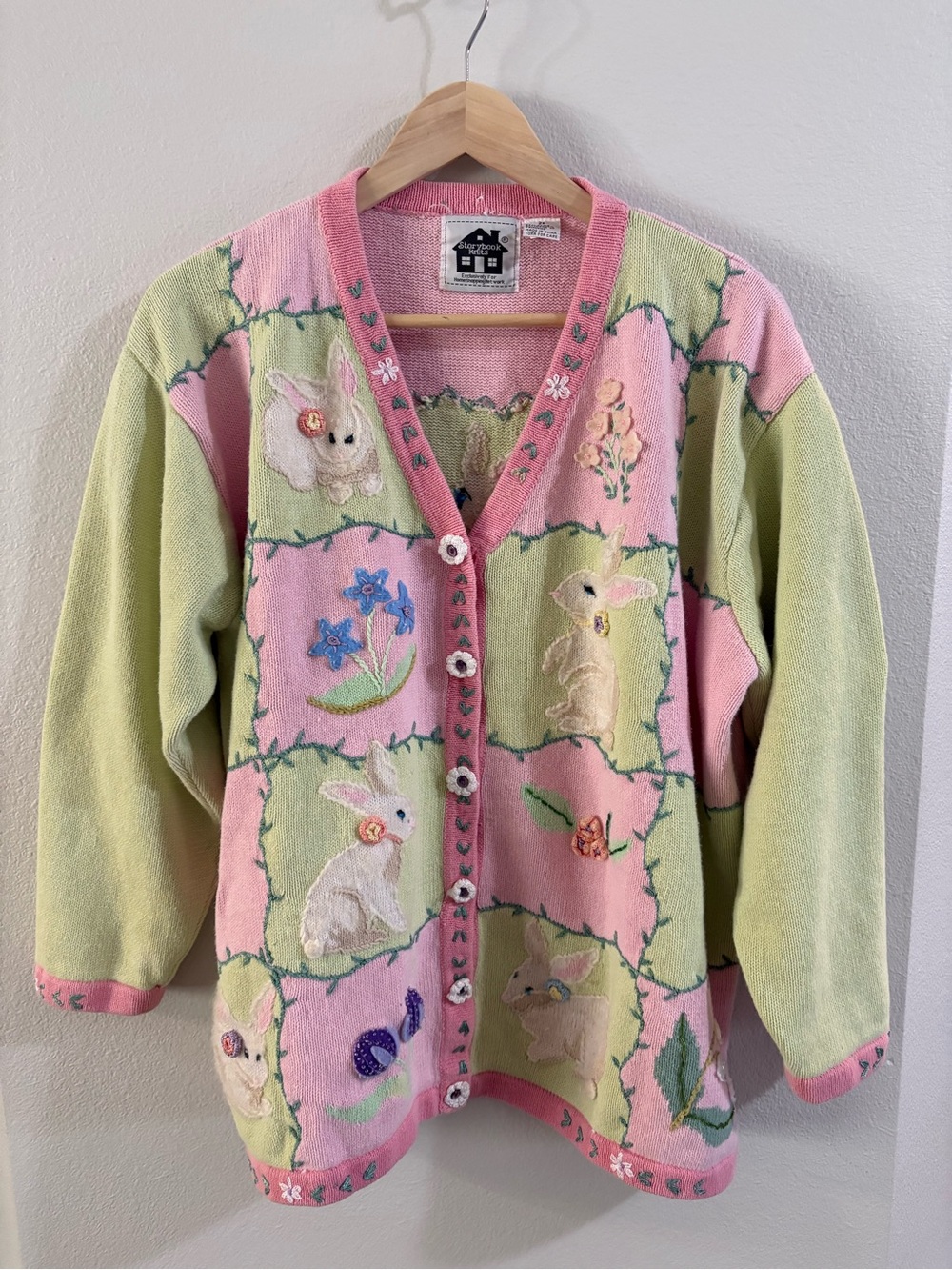 90s Cottagecore Storybook Knits Bunny Patchwork Cardigan Grannycore 2XL Vintage
